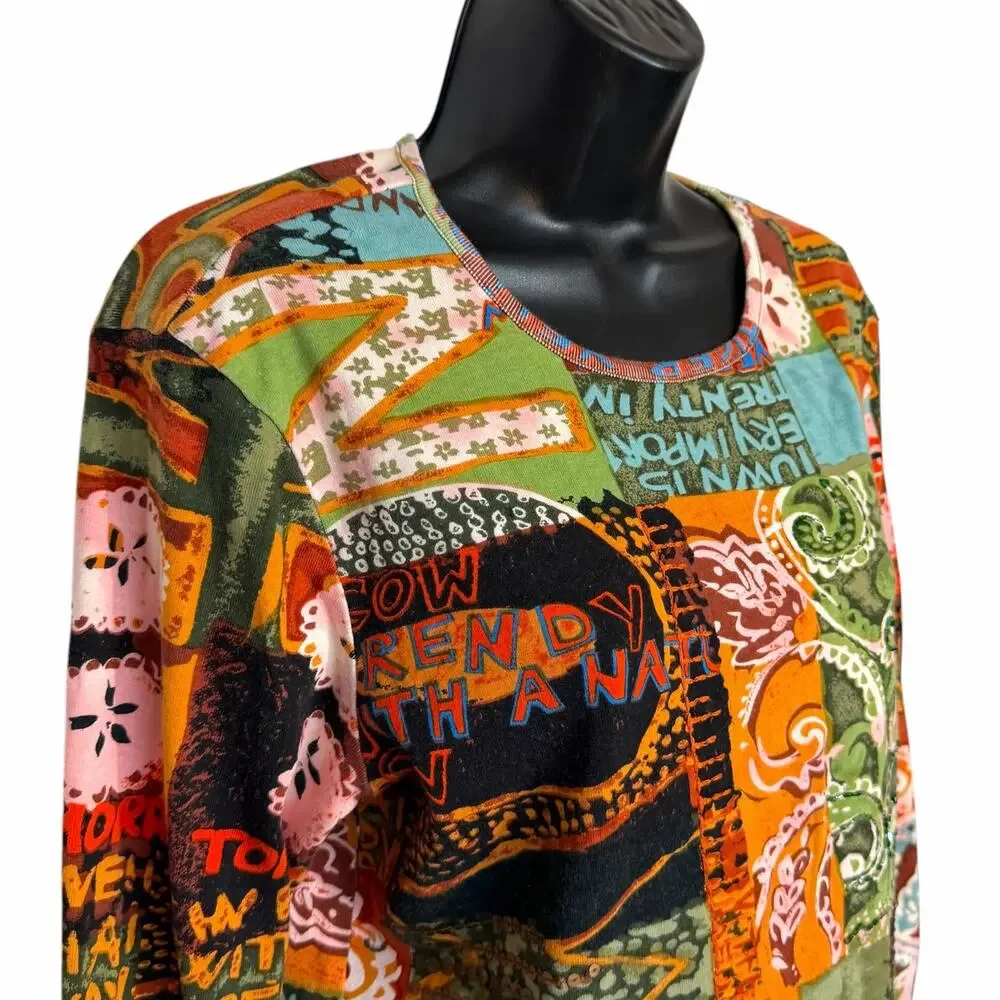 VTG Chico's Abstract Pop Art Patchwork Knit Top Size 2 Large Colorful Whimsical